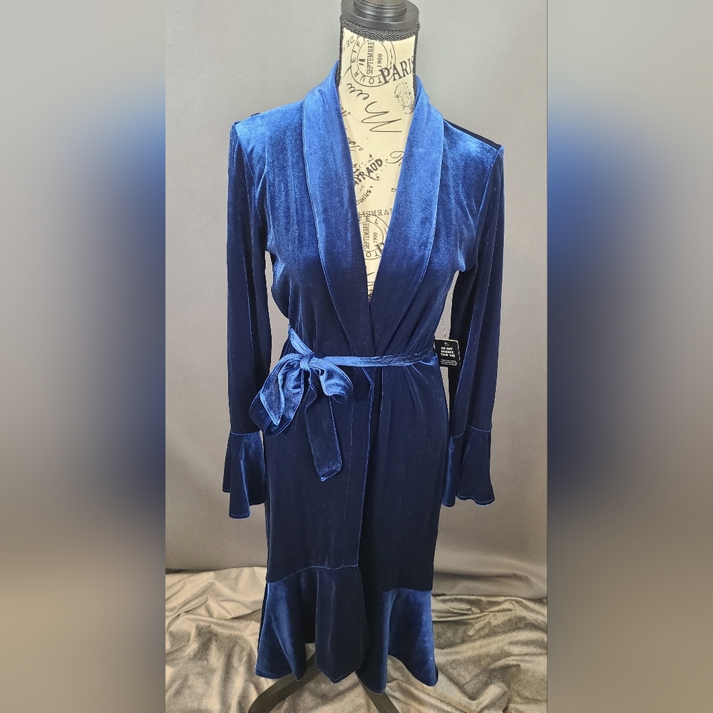 Express Blue Velvet Kimono Duster w/Bell Sleeves-XS